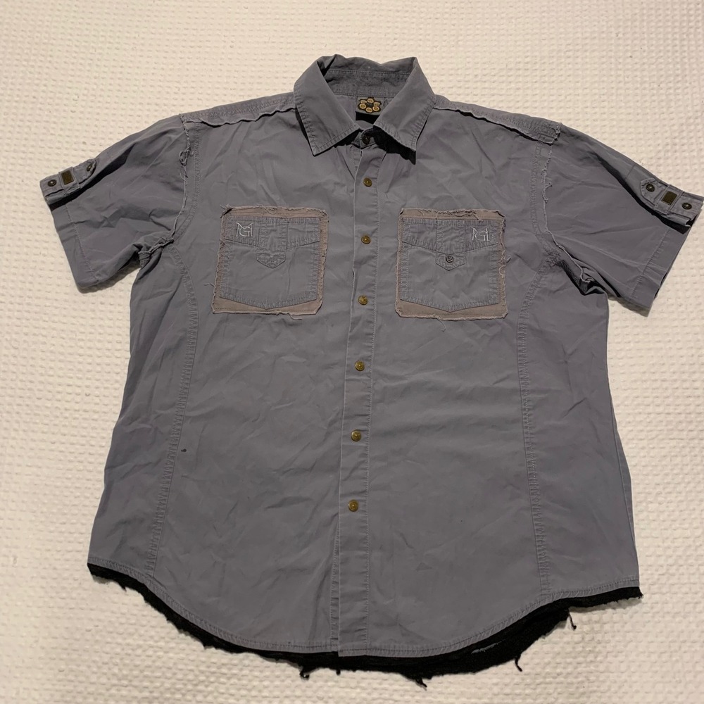 Gunmetal Black Label Mens Gray Distressed Short Sleeve Button Up Shirt XL